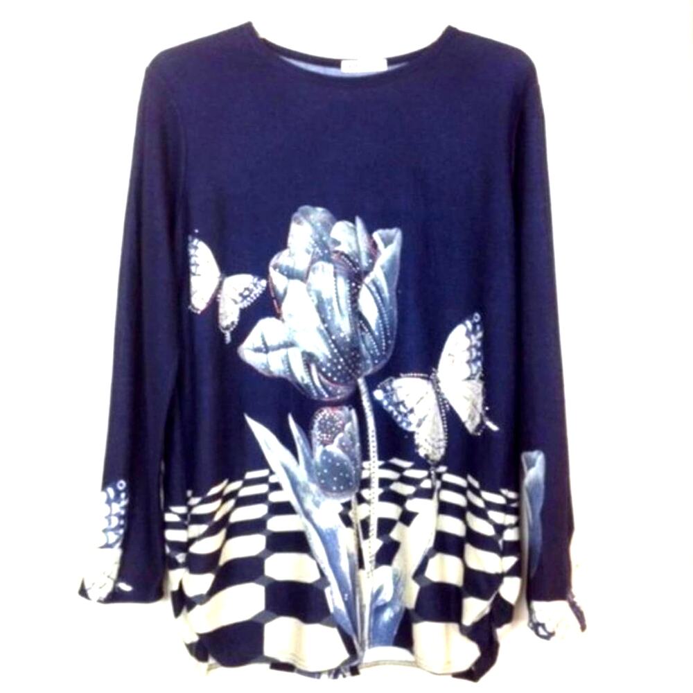 Jvini Floral Butterfly Embellished Crewneck Top Blue Large